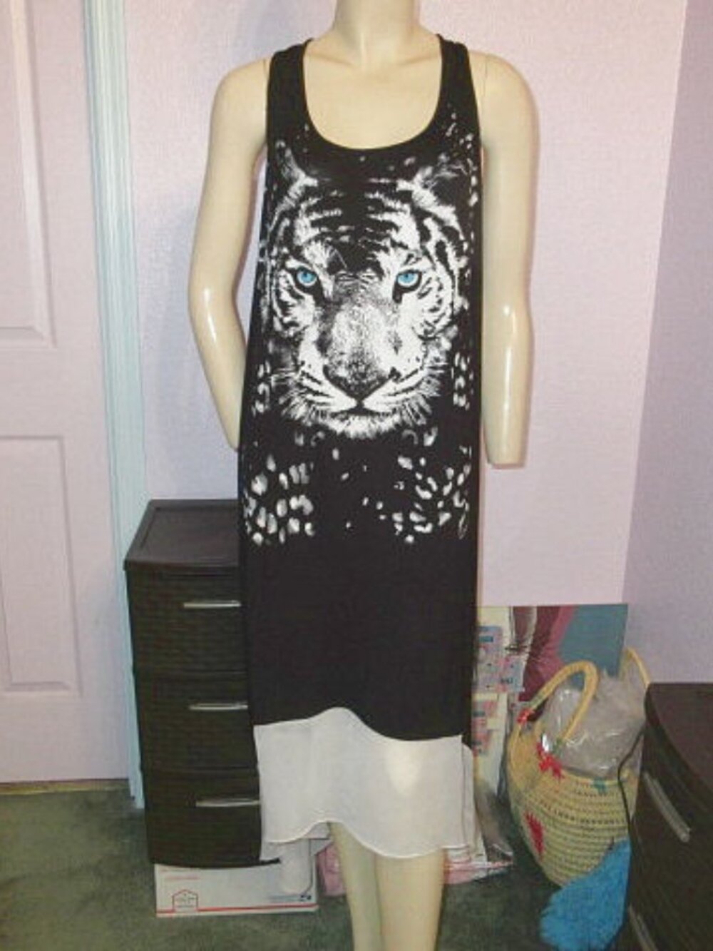 Vtg Tiger Tiered Midi Dress Size 2X Sleeveless Graphic Tank Whimsigoth Boho 80s